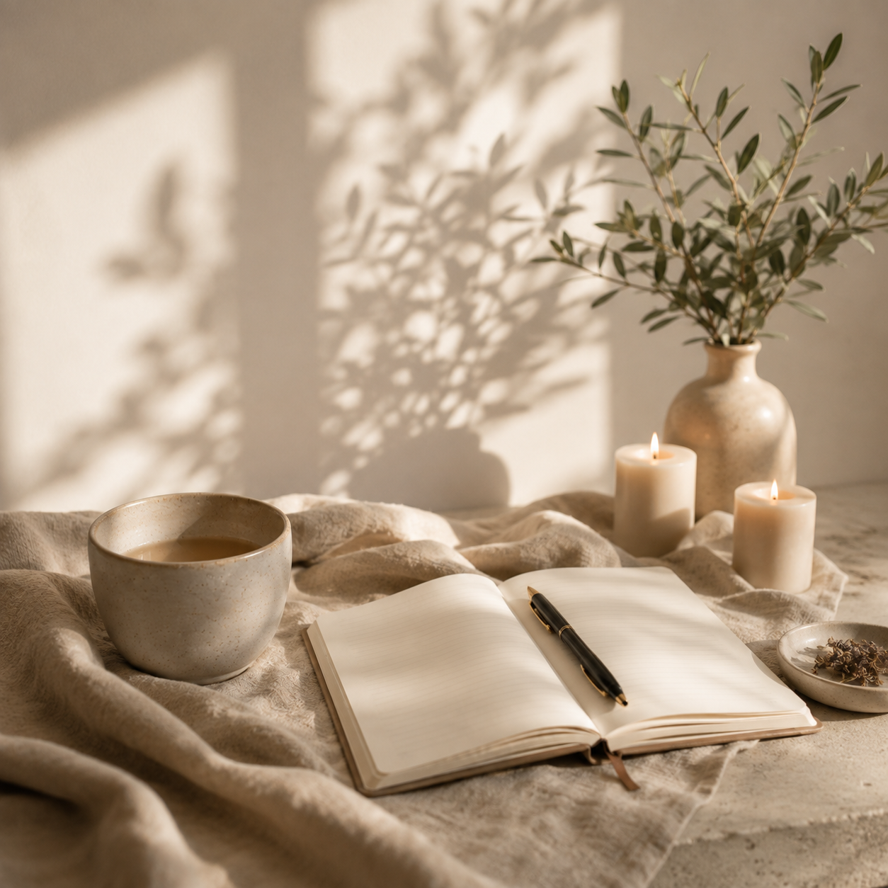 Jurnal deschis, cană de ceramică și lumânări pe o pătură de in, în lumina dimineții — începutul practicii de meditație