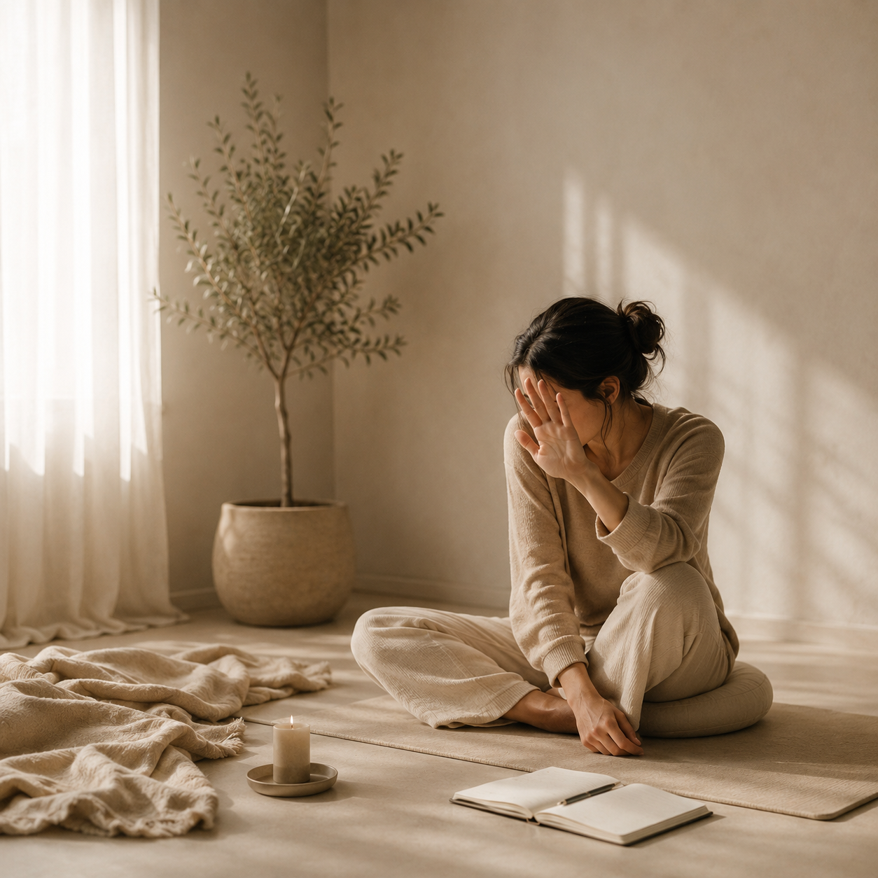 Femeie așezată pe podea, cu mâinile la față, într-o cameră luminoasă în tonuri crem — frustrarea de la începutul meditației