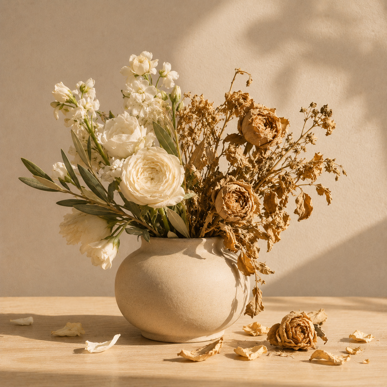 Buchet într-o vază de ceramică mată crem, cu flori pe jumătate proaspete și pe jumătate uscate — despre mitul fericirii constante