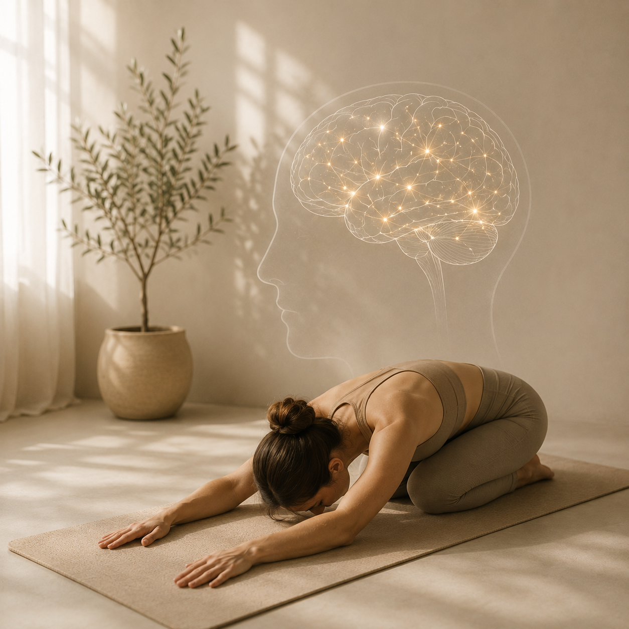 Femeie în poziția copilului pe o saltea de yoga, cu o ilustrație de creier alături — efectele yoga asupra creierului