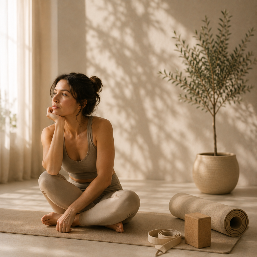 Femeie așezată pe o saltea de yoga lângă un măslin în ghiveci, într-o cameră luminoasă în tonuri crem