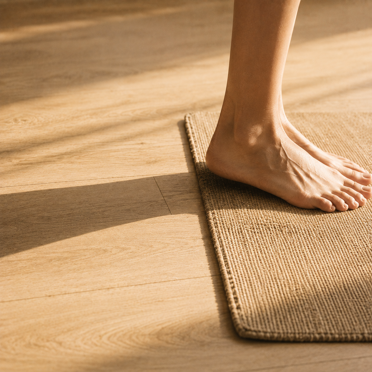 Picioare goale pe marginea unei saltele de yoga din iută naturală, pe podea de lemn, în lumina caldă de dimineață