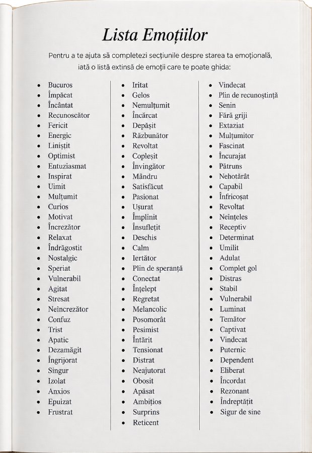 Lista emoțiilor din jurnal