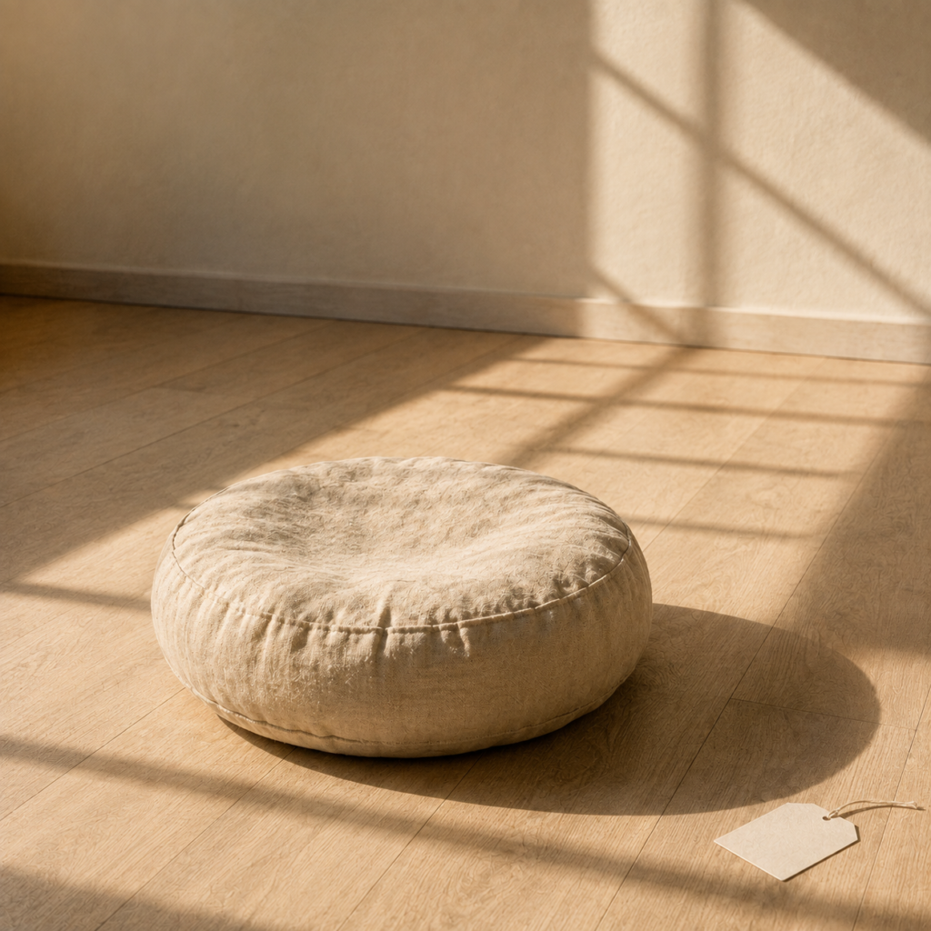 Pernă de meditație din in, singură pe podea de lemn deschis, în lumina dimineții — esența practicii de meditație